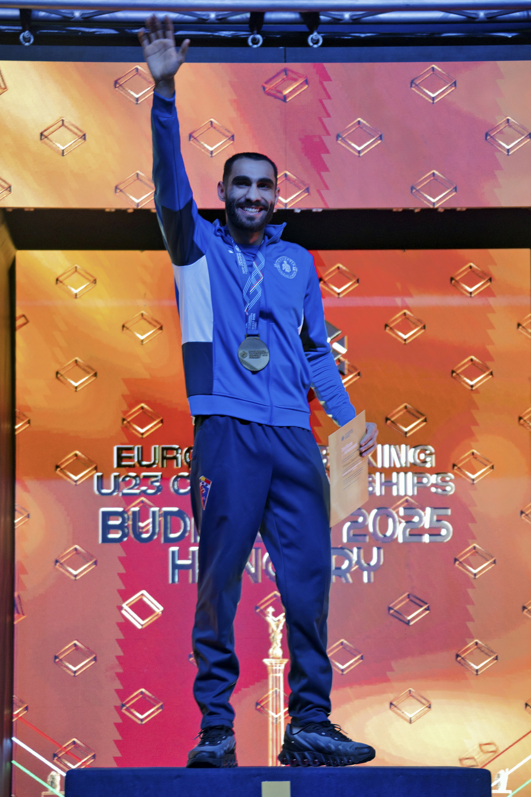 Daniel Stoican celebrating his European Championship victory in Sweden — the first European Boxing Champion from Nottinghamshire